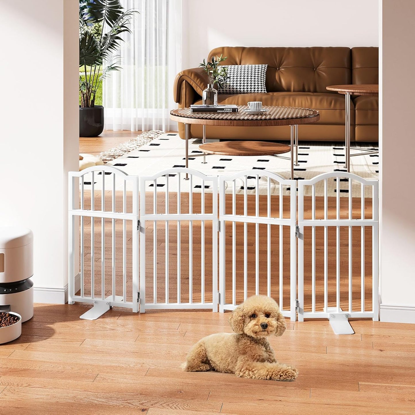 Snughome Short Dog Gate Indoor, 16" High Freestanding Small Dog Door Gates with Support Feet, Expands Up to 48’’ Wide Foldable Pet Gate for Doorway, 4 Panel Folding Pet Door Pet Fence for Puppy, White