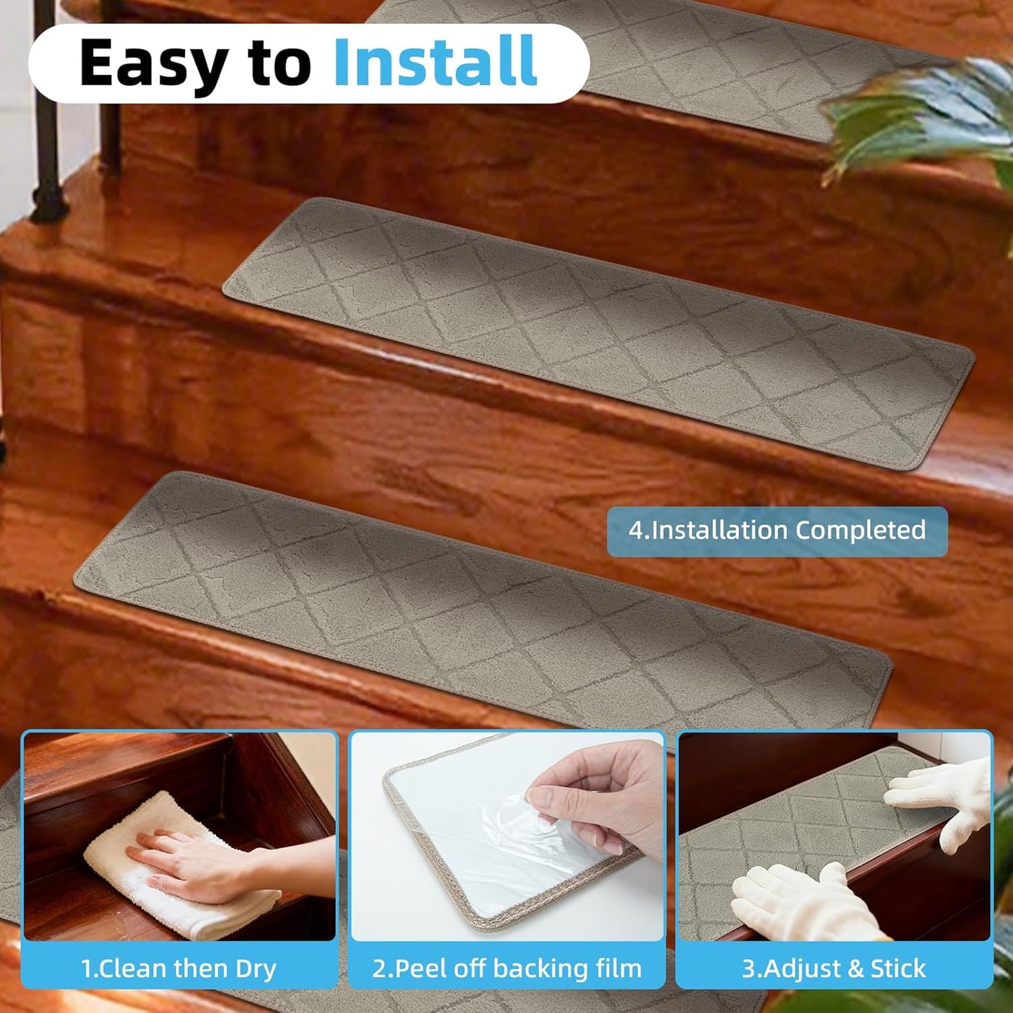Art3d Stair Treads for Wooden Steps 15Pcs, 8" X 30" X 0.3" Non Slip Stair Runner Rugs with Reusable Adhesive for Elders Kids and Dogs, Washable Peel and Stick Stair Treads Carpet, Gray