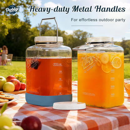2 Pack 2 Gallon Glass Jar with Airtight Lid, 256 Oz Large Wide Mouth Mason Jar with Non-slip Base & Stainless Steel Handle - Glass Food Storage Containers for Flour, Cereals, Rice and Picking