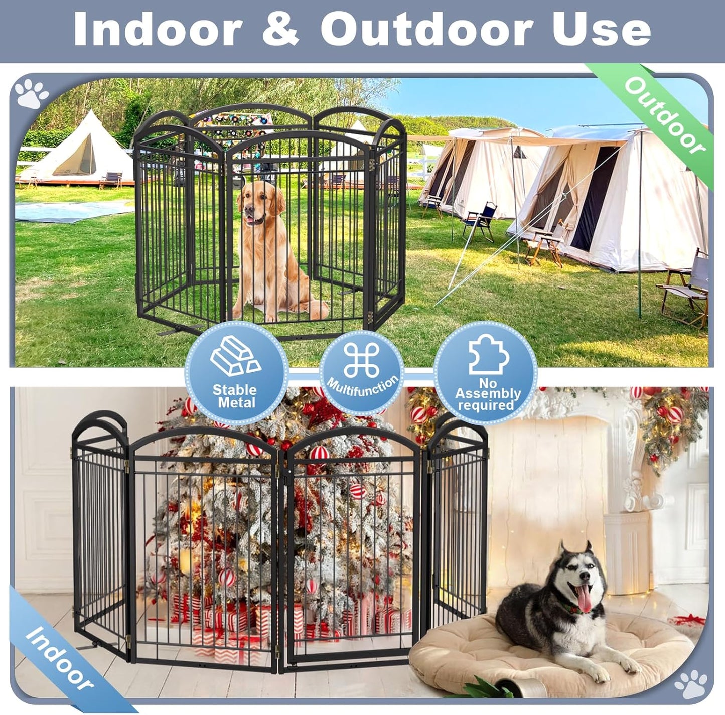 Full Metal Free Standing Dog Gate with Door for Indoor & Outdoor,96'' Extra Wide 32'' Tall Dog Gate for The Doorways,Large Openings,Decks,Porch,Pet Freestanding Safety Fence(4 Panels,Black)