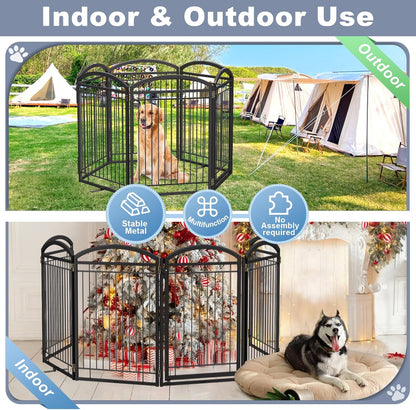 Full Metal Free Standing Dog Gate with Door for Indoor & Outdoor,96'' Extra Wide 32'' Tall Dog Gate for The Doorways,Large Openings,Decks,Porch,Pet Freestanding Safety Fence(4 Panels,Black)