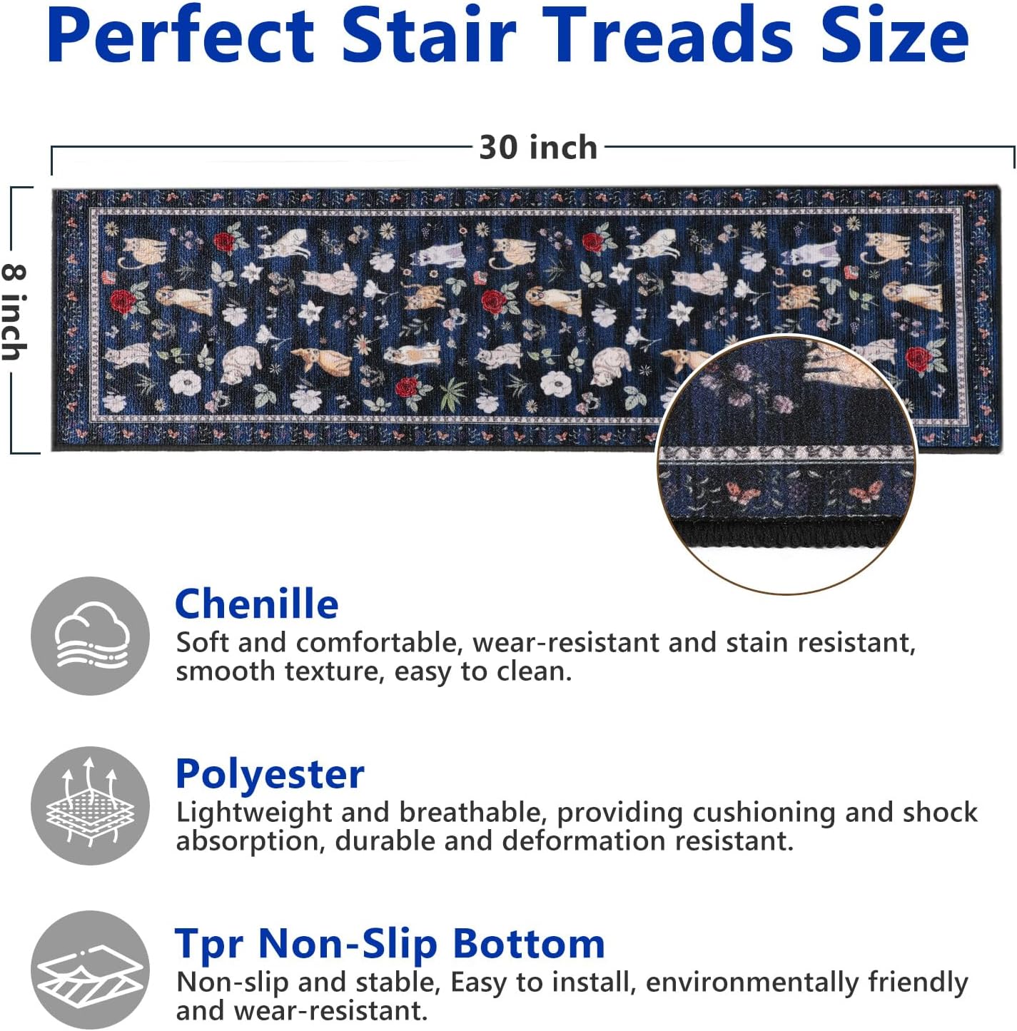 Animal Cat Dog Stair Treads Non Slip for Wooden Steps 15PCS 8"x30" Stair Carpet Treads TPR Backing Soft Stair Runner Washable Reusable Indoor Safety Stair Mats for Elders Kids Dogs Black