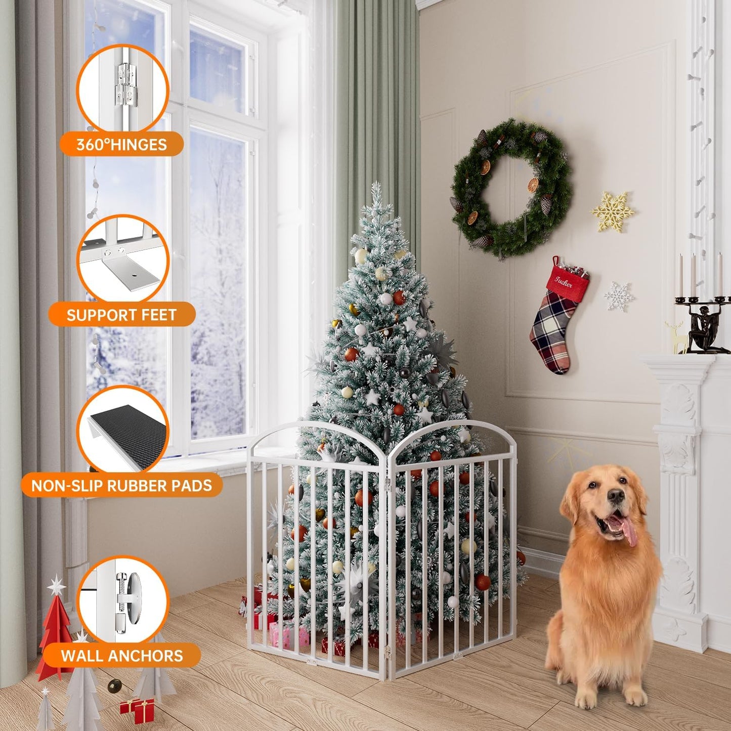 SNUOWU 4 Panels Full Matel Freestanding Dog Gates with Door, 96"Extra Wide 32"Tall Free Standing Dog Pet Gate for Indoor & Outdoor. Foldable Pet Fences for Doorways, House, Stairs, Porch, Deck, Yard
