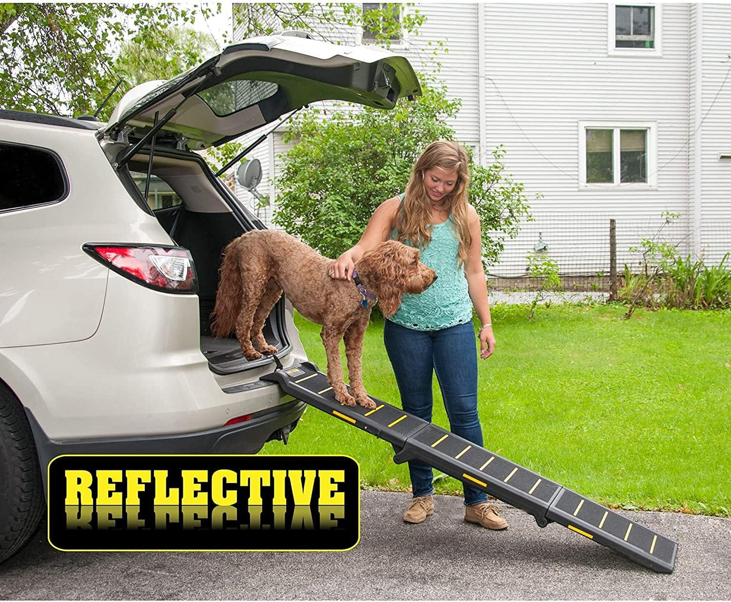 Pet Gear Travel Lite Ramps for Dogs and Cats, Compact Easy-Fold, Lightweight and Portable, Built-in Carry Handle, Supports 200lbs, Size 71" x 16", Yellow- Reflective
