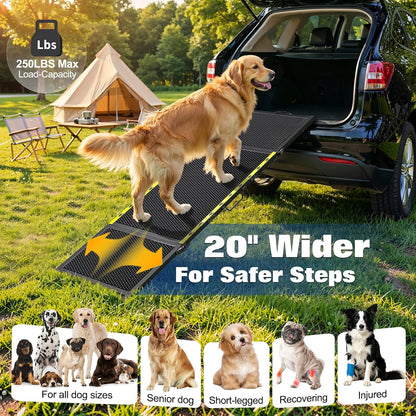 Extra Long Dog Car Ramp, Wide Outdoor Portable Pet Ramp 74" L x 20" W for Large Dogs, Lightweight Non-Slip Mesh Surface Supports Up to 250LBS, Foldable Dog Ramp for SUV, Truck, RV & High Bed, Black