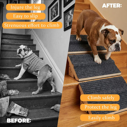 3 Pack Wooden Dog Ramp for Stairs,13L*9W*5H''+26°Slope,Fit for Stair 9-11D''5-7''H,Friendly to Short-Legged/Small/Injured/Aged Dogs with High Support,with Anti-Slip Pads for Climbing Safely