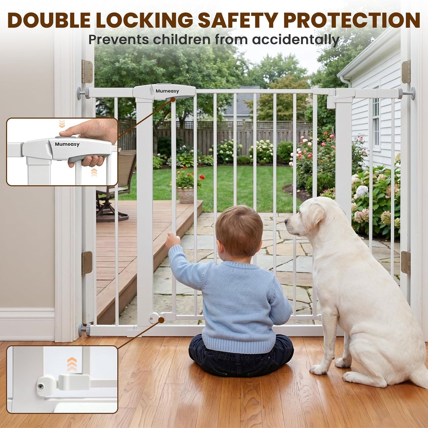 Mumeasy 29.7-46" Baby Gate for Stairs, Pressure Mounted Dog Gate for Doorways, Auto Close Walk Through Pet Gate Indoor, Extra Wide Metal Child Safety Gate, Mom's Choice Awards Winner, Black