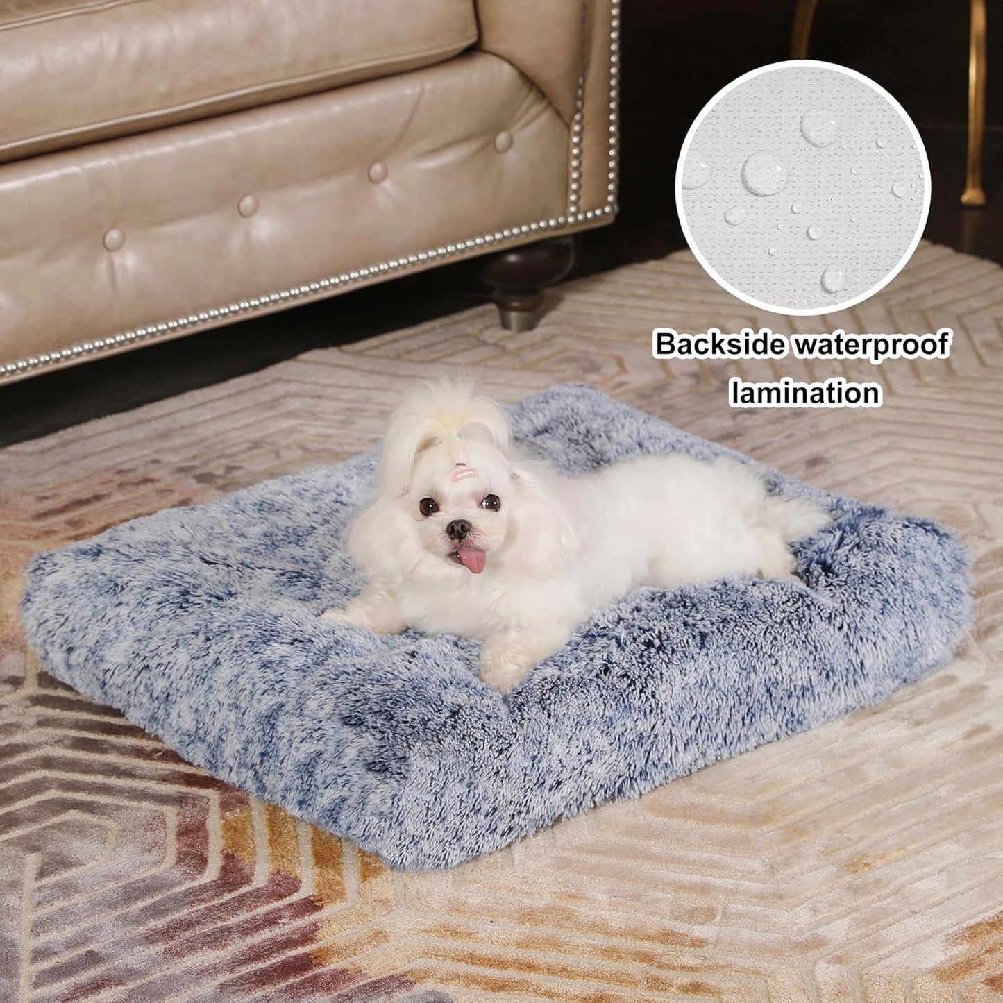 Bedfolks Waterproof Dog Crate Bed, Plush With Removable Washable Cover, Faux Fur Crate Pad for Medium Dogs, Fluffy Kennel 29"x21", Dark Grey