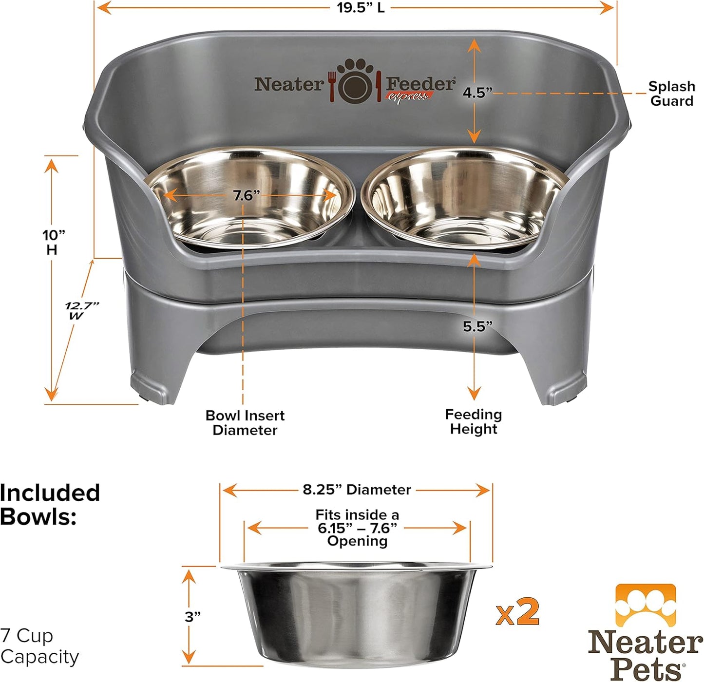 Neater Feeder Express Mess Proof Dog Bowls Elevated for Small Breeds under 15 Lb, Made in USA, No Spill Raised Dog Food Bowl Stand, Stainless Steel Food and Water Bowl Set, Feeding Station, Cappuccino
