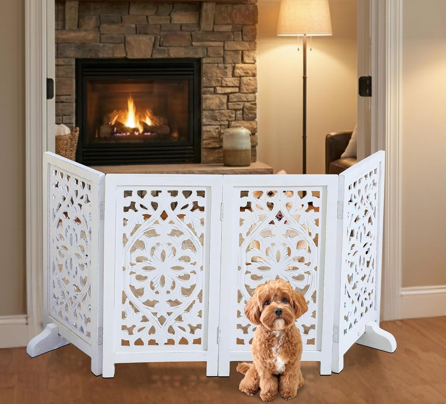 Freestanding Pet Gate for Dogs, Foldable Wooden Dog Gate for House, Indoor Dog Gate for Stair, Doorway, House Design Gates for Dogs Indoor, 72 Inch Wide, (18" x4 Panels 72 inch), Burnt Finish