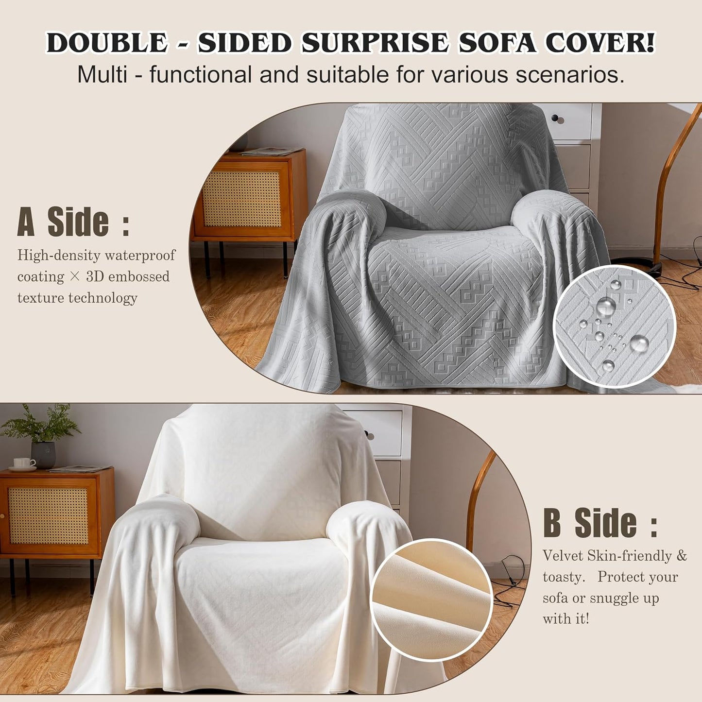 Waterproof Couch Cover, Reversible, Pet-Friendly, Washable and Anti-Slip Couch Covers for Sofa Protection with 3 Cushions, Sofa Slipcovers for Dogs and Cats (71×118in/Brown)