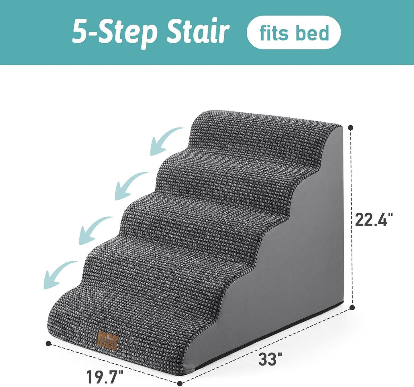 COZY KISS Extra Wide Dog Stairs with Tunnel, Foam Detachable Large Dog Step for Small Pet, Puppy or Cats, Medium Pet Ramp for High Bed, Couch, Sofa or Car, 19.7x33x22.4 inch, 5 Step, Beige