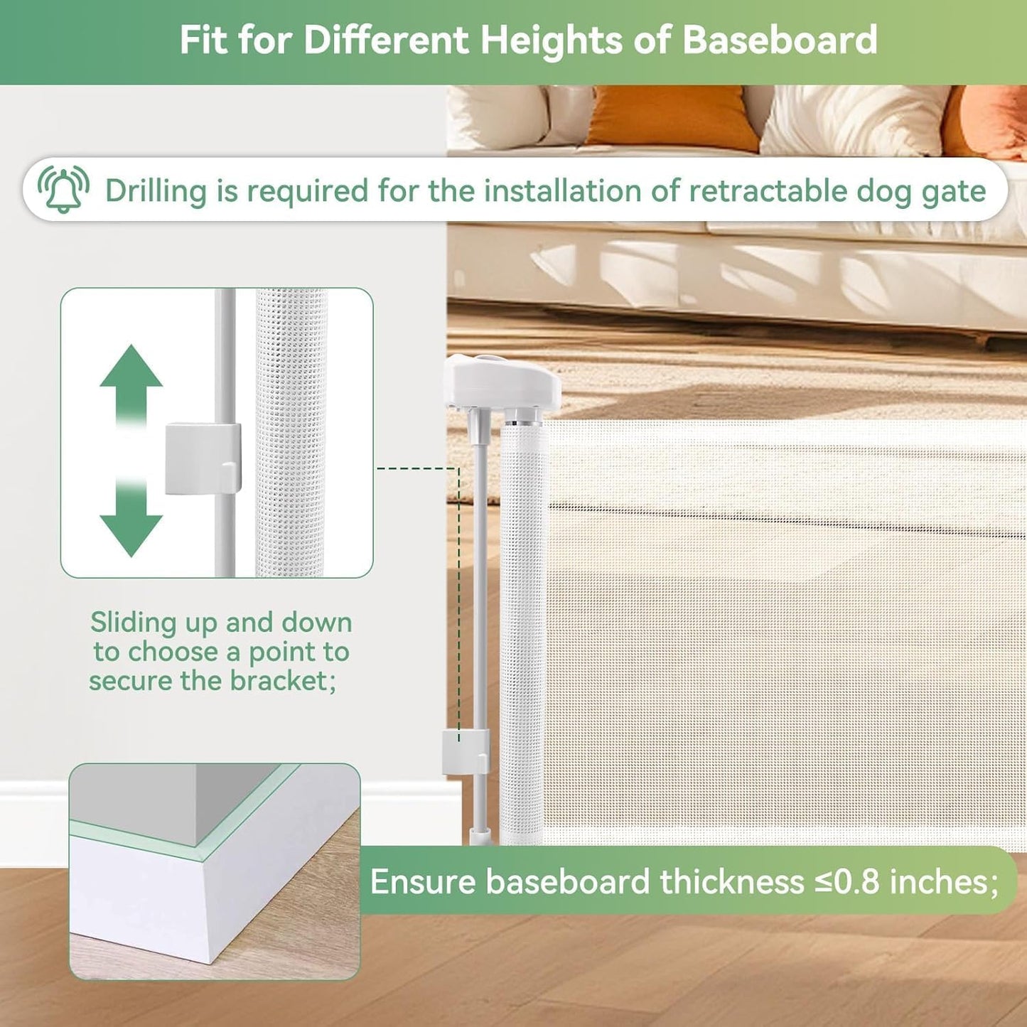 Short Dog Gate, 14" H Retractable Dog Gates, Mesh Retractable Step Over Pet Gates Puppy Gate, Extended up to 55" Wide for Stairs & Doorways Hallways - Drilling Required (Grey)