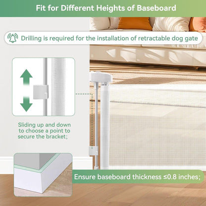 Short Dog Gate, 14" H Retractable Dog Gates, Mesh Retractable Step Over Pet Gates Puppy Gate, Extended up to 55" Wide for Stairs & Doorways Hallways - Drilling Required (Grey)