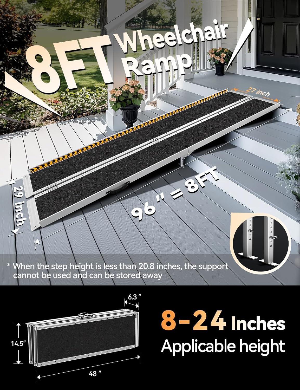 FACHNUO 2 Feet Portable Wheelchair Ramp, Non-Skid Aluminum Handicap Ramps with Handle, Folding Threshold Wheel Chair Ramp for Home Steps, Stairs, Entry, Doorways, Applicable Height 2-6 inches