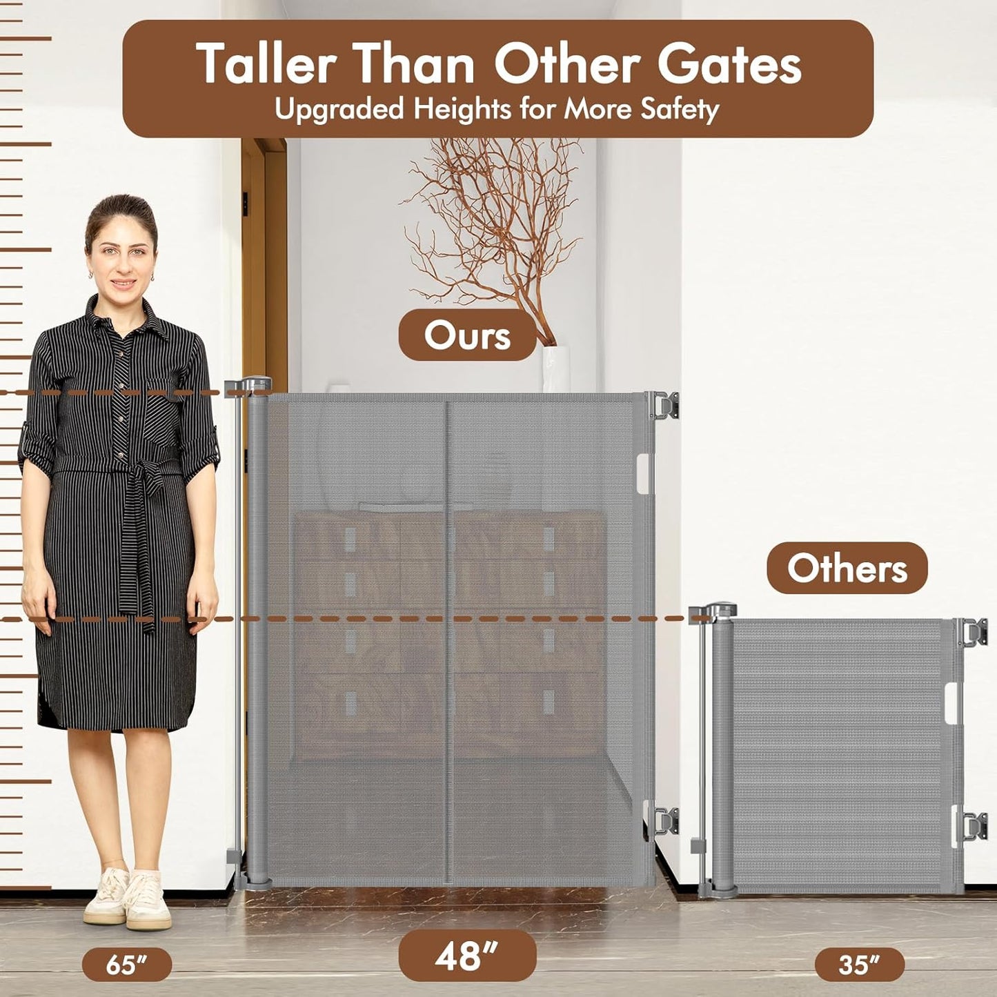 Reinforced 48" Extra Tall Pet Gate with Support Rods, 4 Ft Tall Retractable Baby Gates for Doorways 55" Wide Mesh Dog Gate Indoor Outdoor - Prevent Baby/Pet from Jumping Over, Black