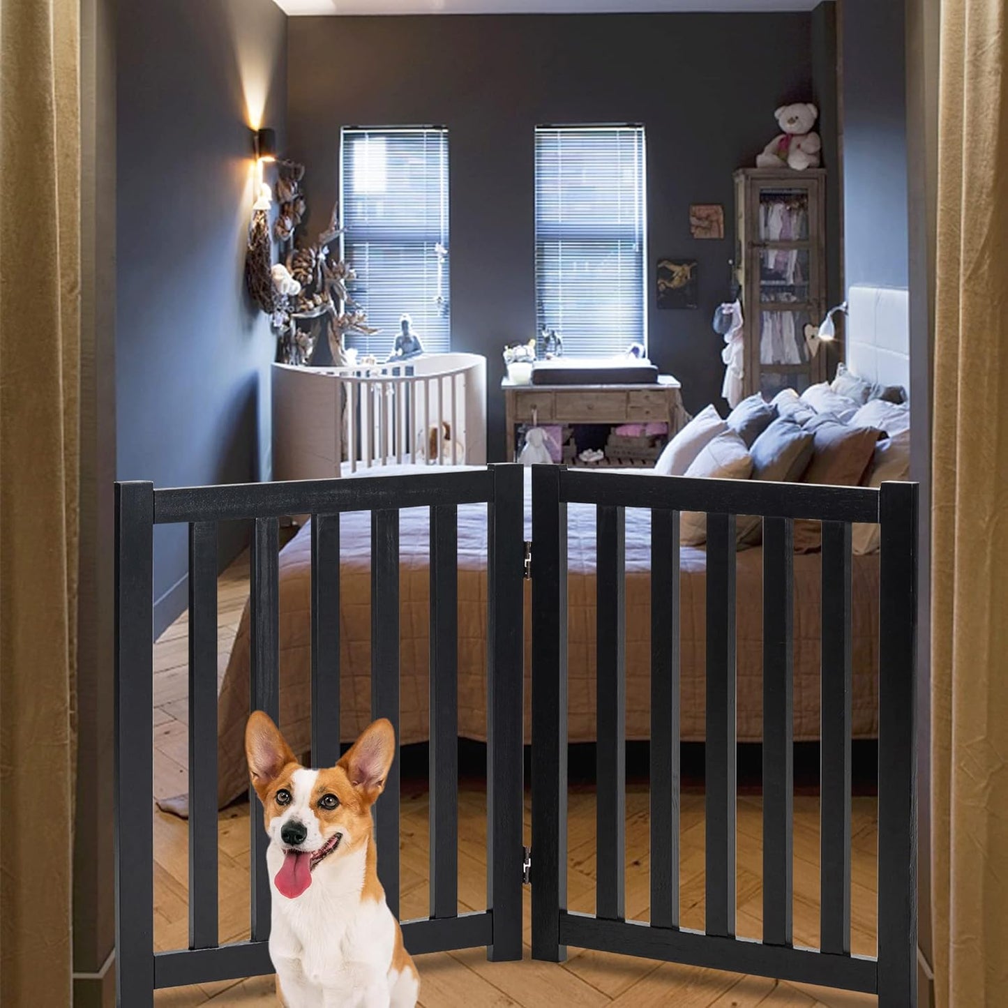 LZRS 2-Panel Wooden Free Standing Foldable Dog Gate Indoor – Solid Hardwood 24" High, Step-Over Safety Pet Gate for Doorways, Stairs & Small Spaces - Indoor Use, White