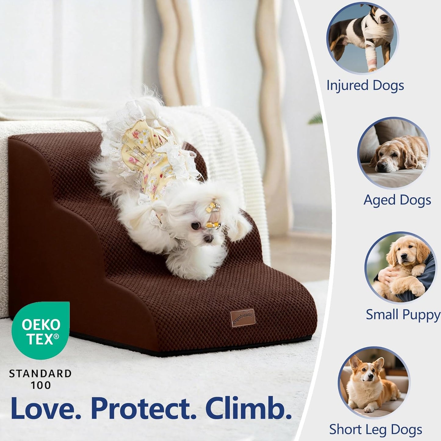 GoGoBunny Ramp Dog Stairs for Couch Sofa and Chair 15.7" H, 3-Step Pet Steps for Small Dogs and Cats, Non-Slip Waterproof Fabric Cover, Stable and Balanced Indoor Step, Pets Friendly, Grey