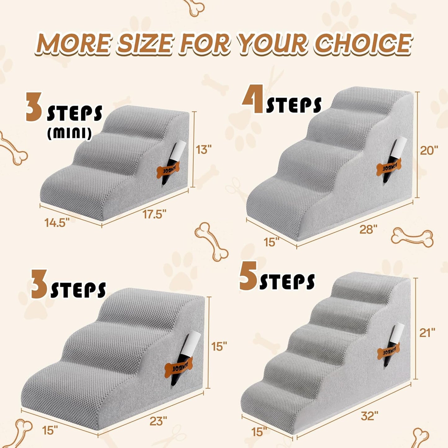 Romrol Dog Stairs Ramp for High Beds Couches, High Density Foam Pet Steps with Durable Non-Slip Waterproof Fabric Cover, Dog Stairs for Small Dogs or Cats or Pets, 5-Step, 22 Inch, Grey