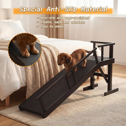 61" Dog Ramp for Bed with Rest Platform & Glow Strips, 20° Gentle Slope, EVA Non-Slip Surface, Removable Safety Rails, Birchwood Solid Wood, for Small, Large & Senior Dogs, Joint Protection, Black
