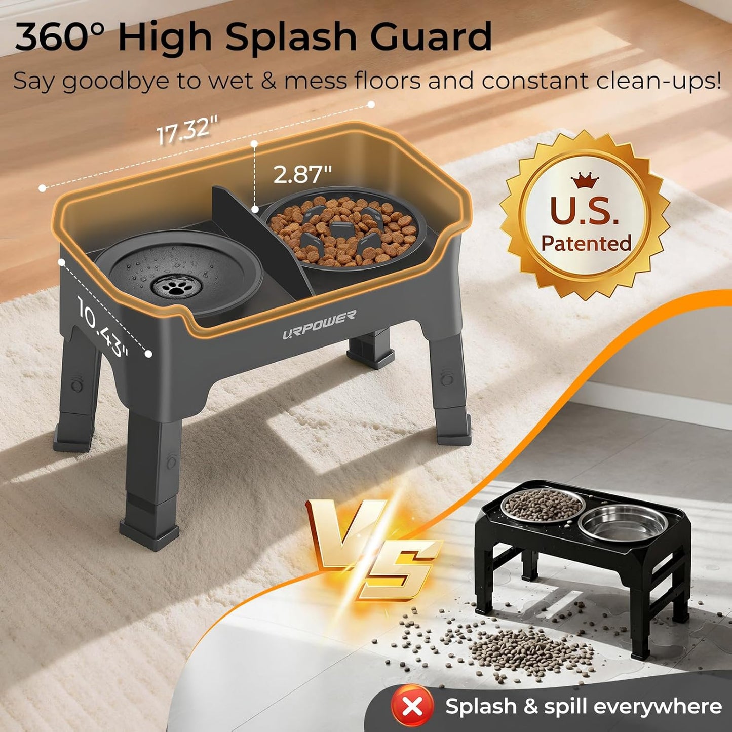 URPOWER Mess Proof Elevated Dog Bowls 4 Height Adjustable Raised Stand with No Spill Water Bowl and Slow Feeder Dog Bowls Non-Slip Food and Water Bowl Set for Small, Medium & Large Dogs