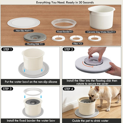 No Spill Ceramic Dog Water Bowl, Large Capacity Slow Drinking Bowl with Floating Disk & Filter, Heavy Duty Anti-Slip Bowl for Small to Medium Dogs, Cats & Multi-Pet Homes Indoor