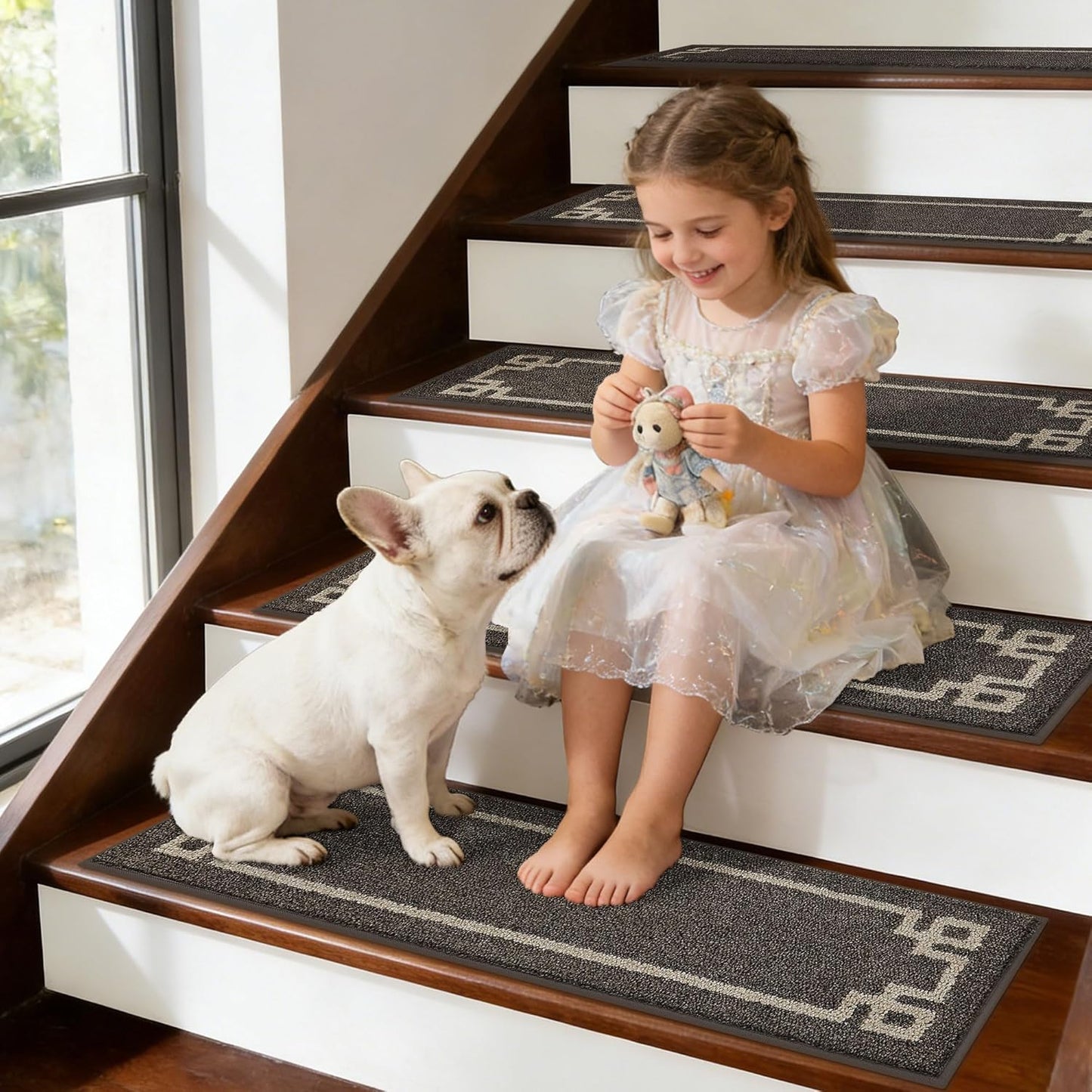 BEQHAUSE Non Slip Stair Treads for Wooden Steps Indoor Washable Stair Runner 28inX9in Polyester Durable Stair Treads Carpet for Dogs,Kids and Elders 15pcs,Dark Grey