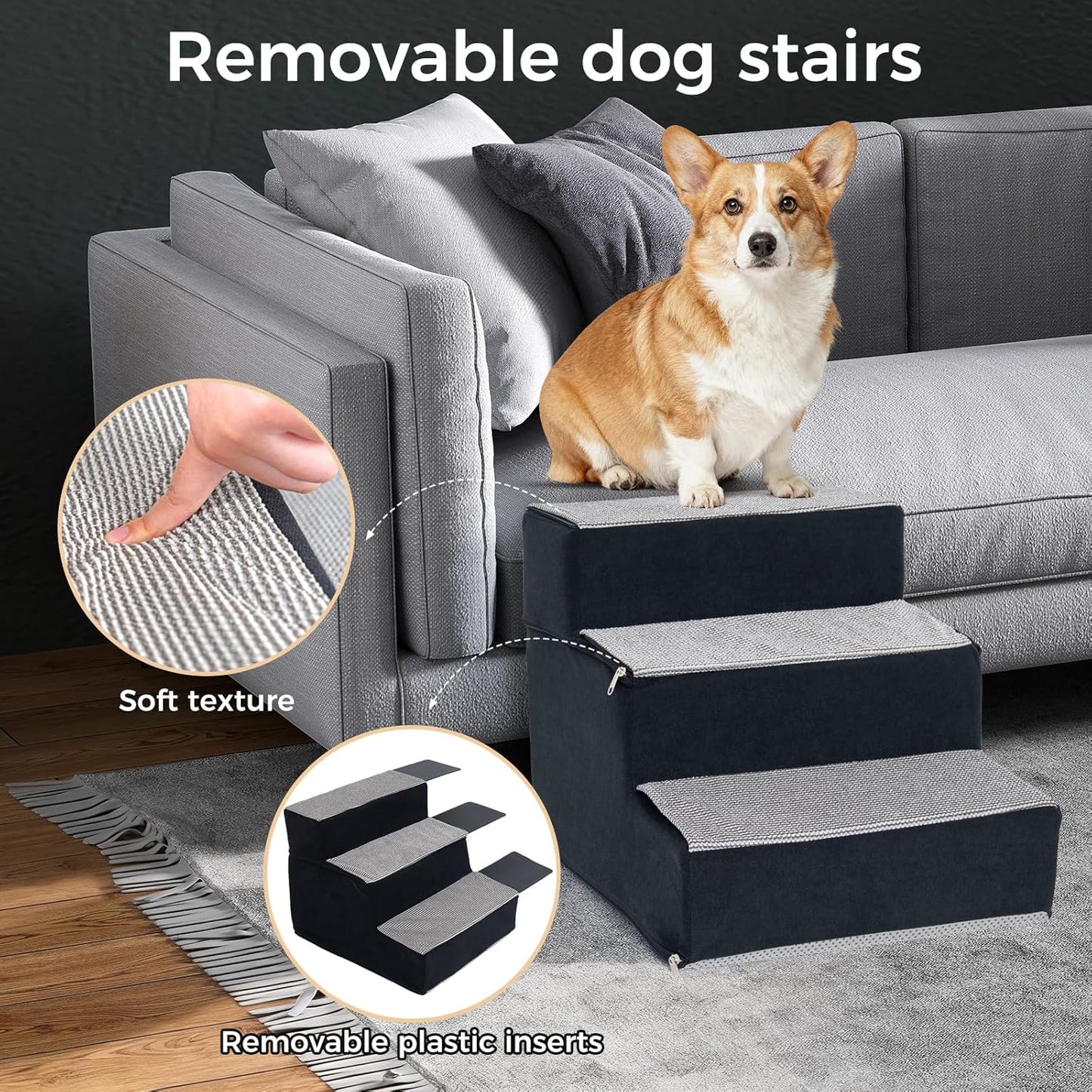 Dog Stairs for Small Dogs and Cats 14" H 3-Step Dog Steps for High Bed Couch and Sofa High-Density Foam Pet Stairs with Supporting Board Pet Steps with Non-Slip Bottom Washable Cover