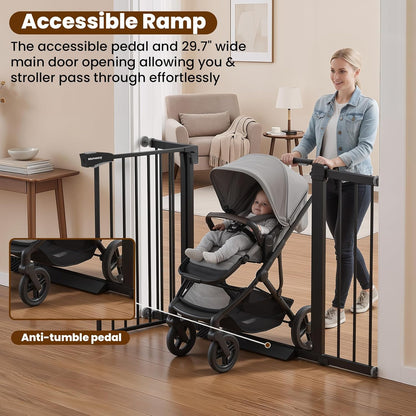Mumeasy 29.7-46" Baby Gate for Stairs, Pressure Mounted Dog Gate for Doorways, Auto Close Walk Through Pet Gate Indoor, Extra Wide Metal Child Safety Gate, Mom's Choice Awards Winner, Black