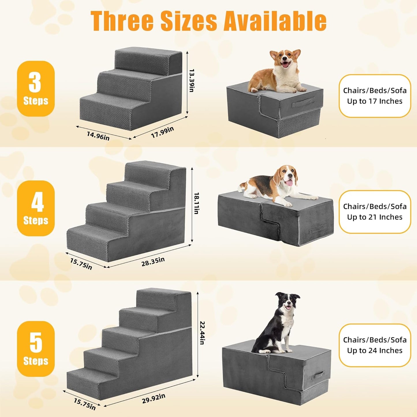 3-Step Dog Stairs for Small Dogs and Cats, 16in H Dog Steps for Couch, Sofa, Chair, Non-Slip Sturdy Pet Steps, Pet Ramp for High Bed Indoor