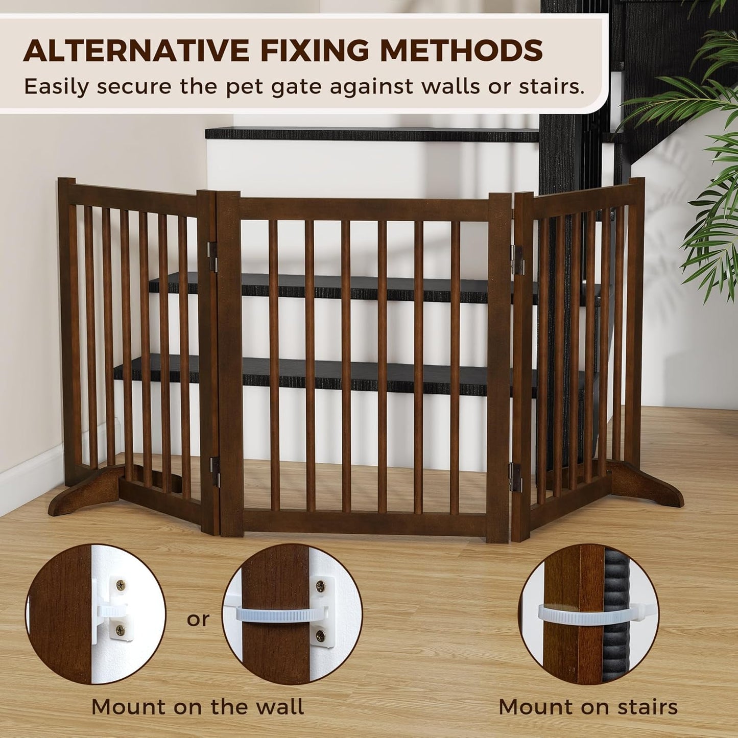 36" H Freestanding Dog Gate, Solid Wood Foldable Pet Gate with Support Feet, Wooden Tall Dog Gate for Doorway, Stairs & Indoor Use, 60" Wide Expandable Pet Fence, 3 Panels, Walnut