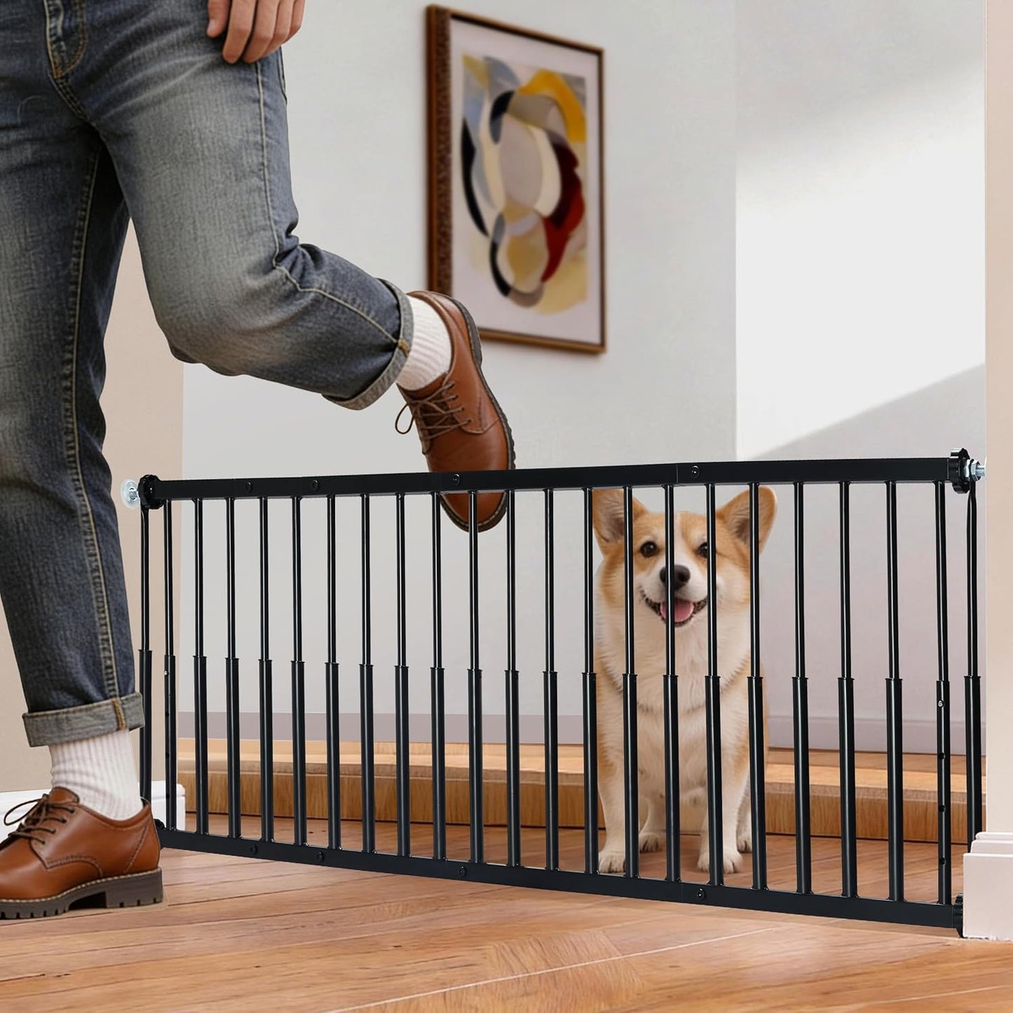 10''-15.8'' Height Adjustable Dog Gate, Extra Wide 18.1"-46" All Metal Short Dog Gate to Step Over, Pressure Mount Small Pet Puppy Gate for Stairs & Doorways(White)