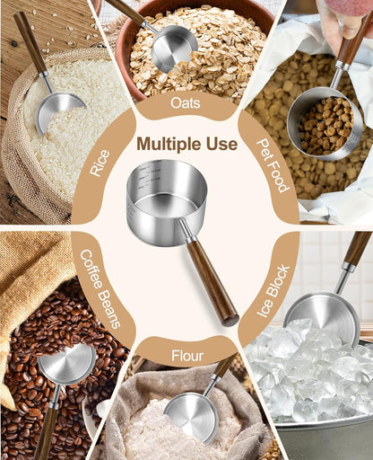 Stainless Steel Dog Food Scoop 1 Cup, Dog Food Measuring Cup With Measuring Lines (Cup/ML) & Long Wooden Handle, Metal Pet Food Scoop For Dogs, Cats and Kitchen Use, Dishwasher Safe