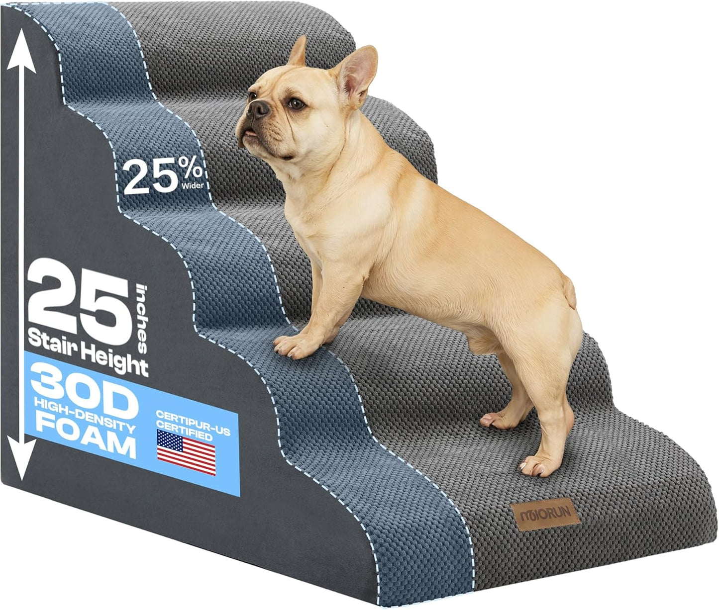 Extra Wide Dog Stairs for Large Dogs Up to 80lbs, 25" Pet Steps for High Bed with Washable Cover, 5-Step Foam Bed & Couch Ladder for Small Medium Dogs & Senior Cat, Gray
