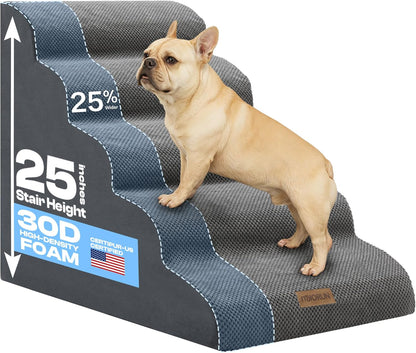Extra Wide Dog Stairs for Large Dogs Up to 80lbs, 25" Pet Steps for High Bed with Washable Cover, 5-Step Foam Bed & Couch Ladder for Small Medium Dogs & Senior Cat, Gray