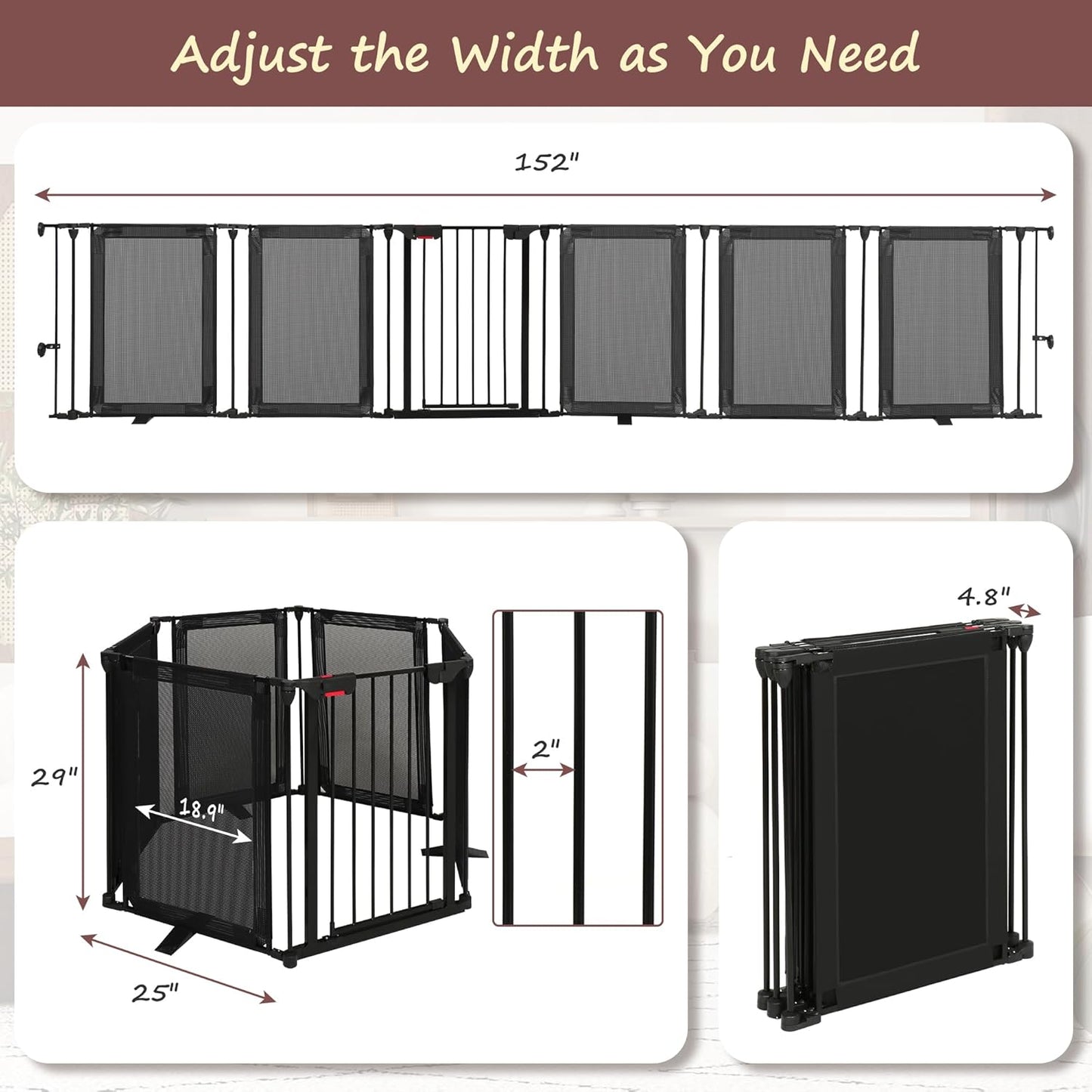 Freestanding Dog Gate, 100" Extra Wide Pet Gate with Auto-Close Door, Foldable Grip-Resistant Dog Fence for Indoor/Outdoor, 29" Tall Pet Barrier for Stairs/Doorways/Fireplace (4 Panels, Black)