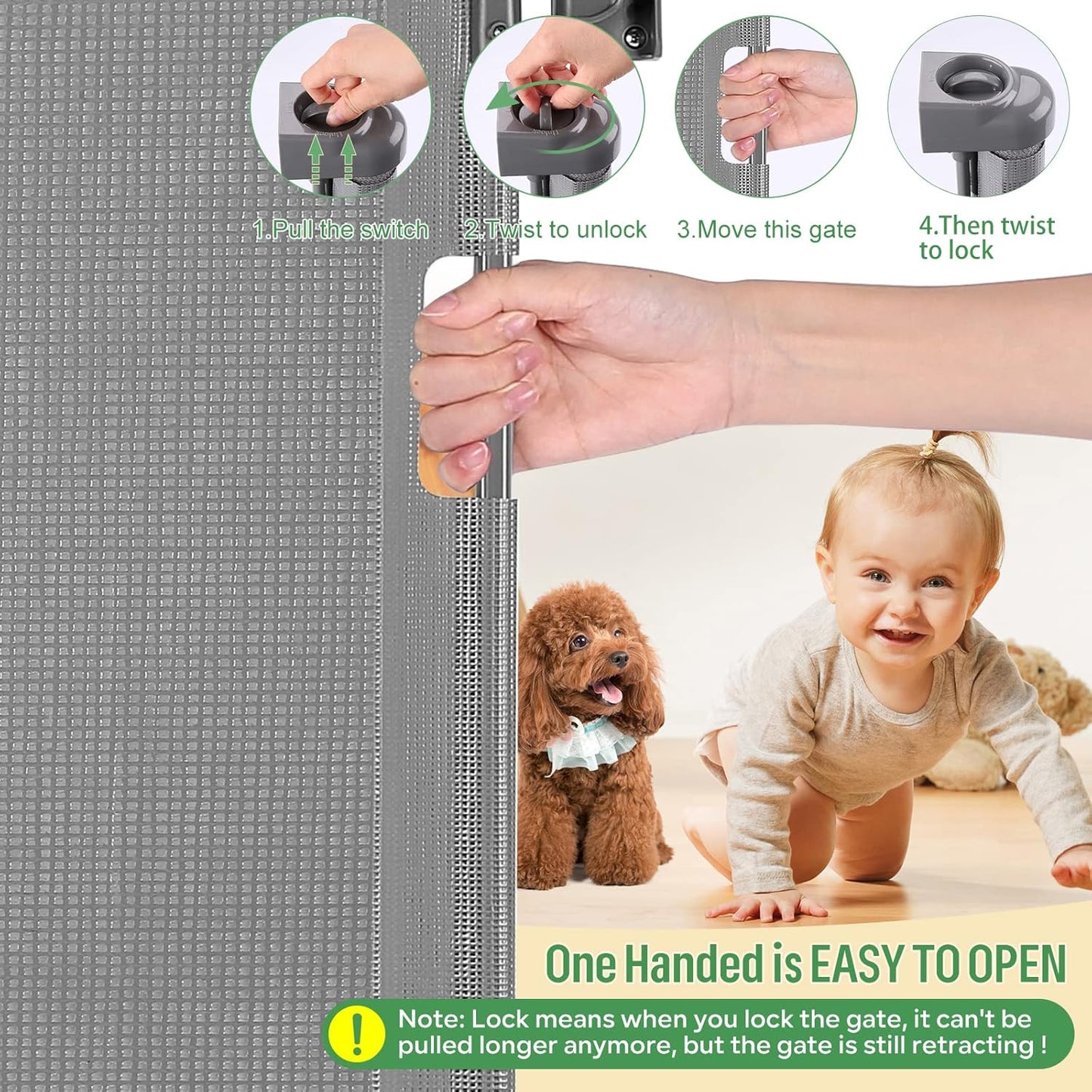 Upgraded Retractable Baby Gate, Extra Wide Safety Kids or Pets Gate, 33” Tall, Extends to 71” Wide, Mesh Safety Dog Gate for Stairs, Indoor, Outdoor, Doorways, Hallways(33”x71”, Black)
