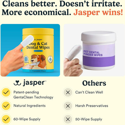Jasper Dog Dental Wipes, Vet-Recommended All-Natural Finger Toothbrush Wipes for Dogs, Fresh Breath & Tartar Control in Seconds – No Brush and Toothpaste Needed, Unscented, 60 Count