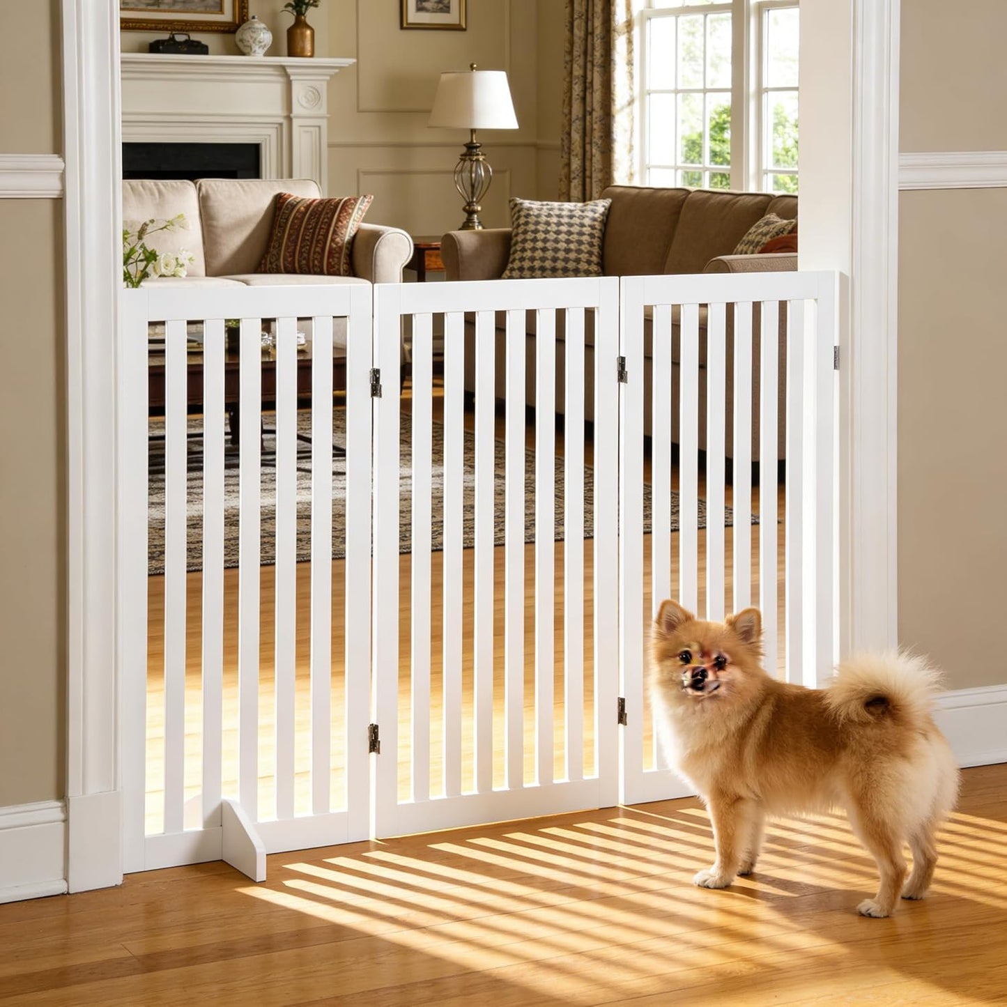 Freestanding Pet Dog Gate 36 Inch Foldable Fence Indoor 3 Panel Extra Wide Wooden Dog Door for Stairs Hallways Doorways