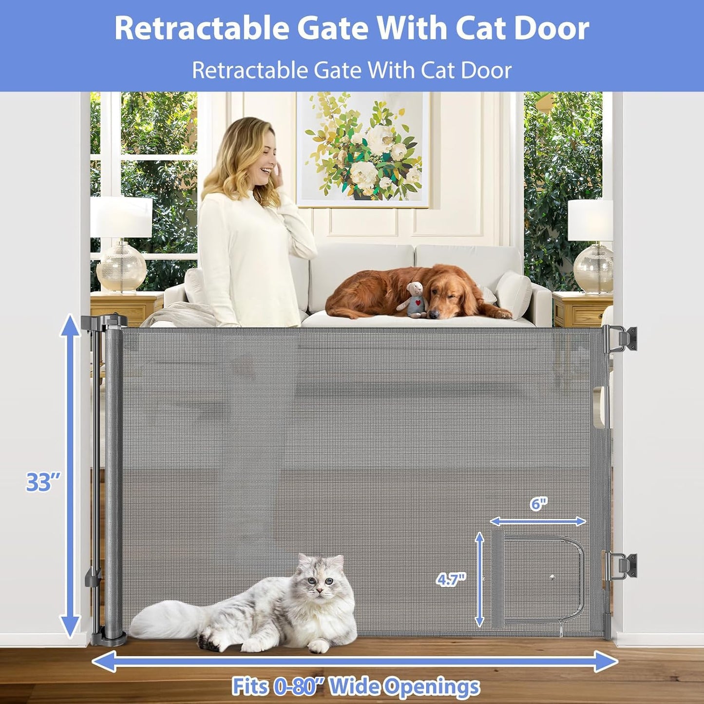 Retractable Baby Gates with Door 55" Wide Retractable Dog Gate with Pet Door Outdoor Retractable Gate for Dogs Mesh Baby Gate Retractable Pet Gate with Cat Door Retractable Child Gates for Doorways