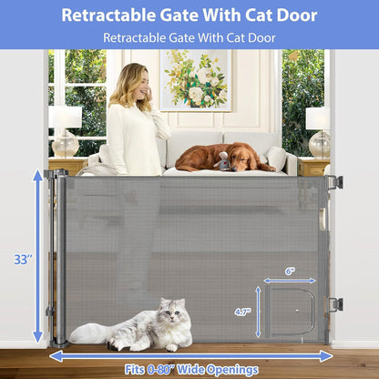Retractable Baby Gates with Door 55" Wide Retractable Dog Gate with Pet Door Outdoor Retractable Gate for Dogs Mesh Baby Gate Retractable Pet Gate with Cat Door Retractable Child Gates for Doorways