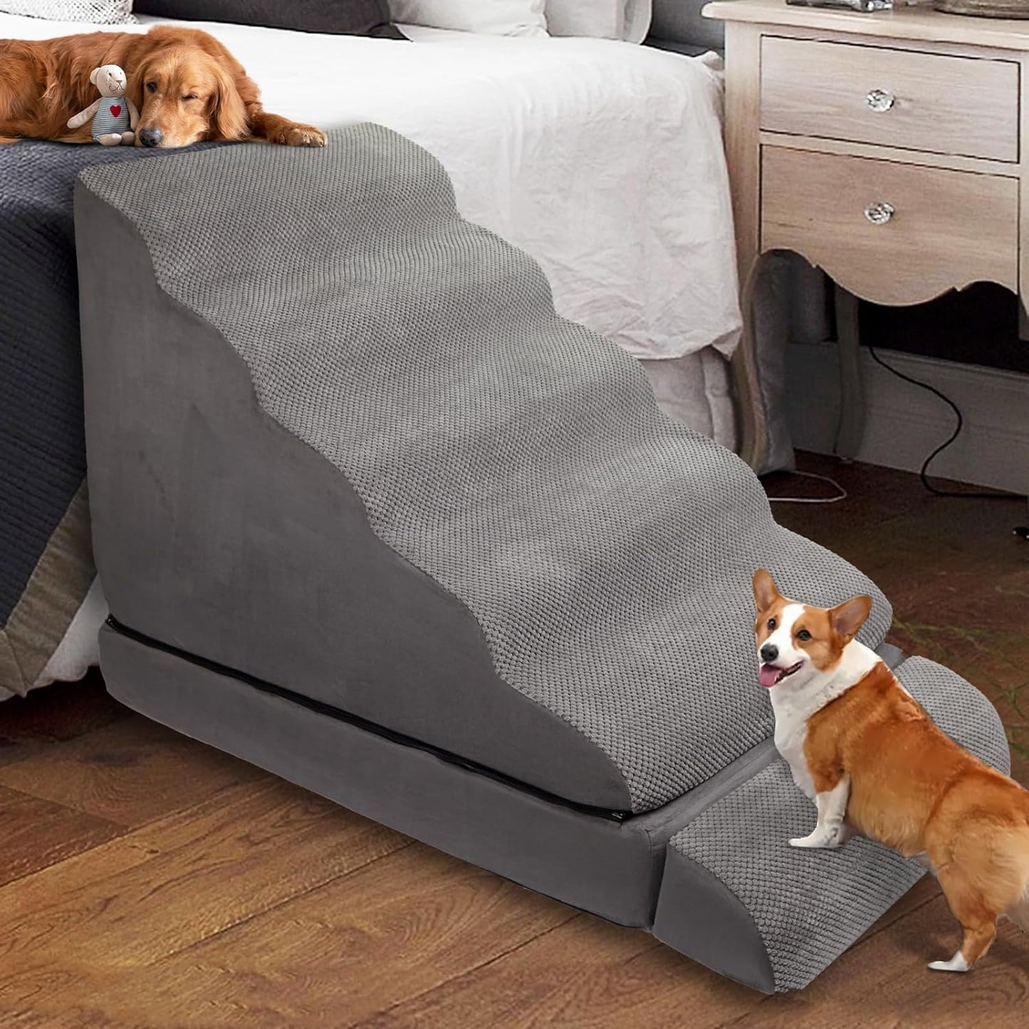 A.FATI Dog Stairs 30 Inches High for 30-36 Inch High Bed, 6-Tier 3-in-1 Foam Pet Steps with Non-Slip Bottom, Detachable Washable Cover, Dog Ramp for Small Old Short-Legged Dogs Up to 50 Lbs