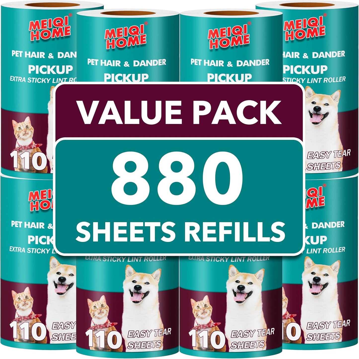 MEIQIHOME Lint Rollers for Pet Hair Extra Sticky, 1110 Sheets Mega Value Set Lint Roller with 5 Upgraded Handles, 10 Rollers Portable Pet Lint Roller for Clothes, Furniture, Dog & Cat Hair Removal