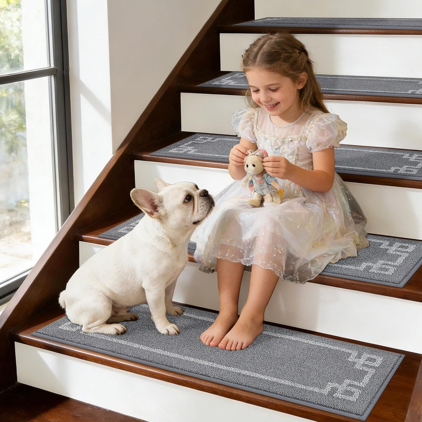BEQHAUSE Non Slip Stair Treads for Wooden Steps Indoor Washable Stair Runner 28inX9in Polyester Durable Stair Treads Carpet for Dogs,Kids and Elders 15pcs,Dark Grey
