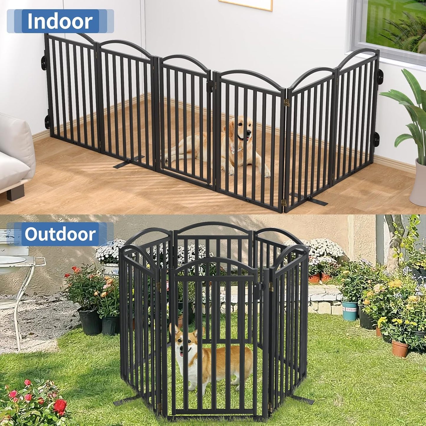 Malier Metal Freestanding Dog Gate, 32'' Height Outdoor Indoor Dog Fences, Extra Wide Foldable Puppy Gate for Stairs (Black, 【2 Panels】 40''W × 32''H)