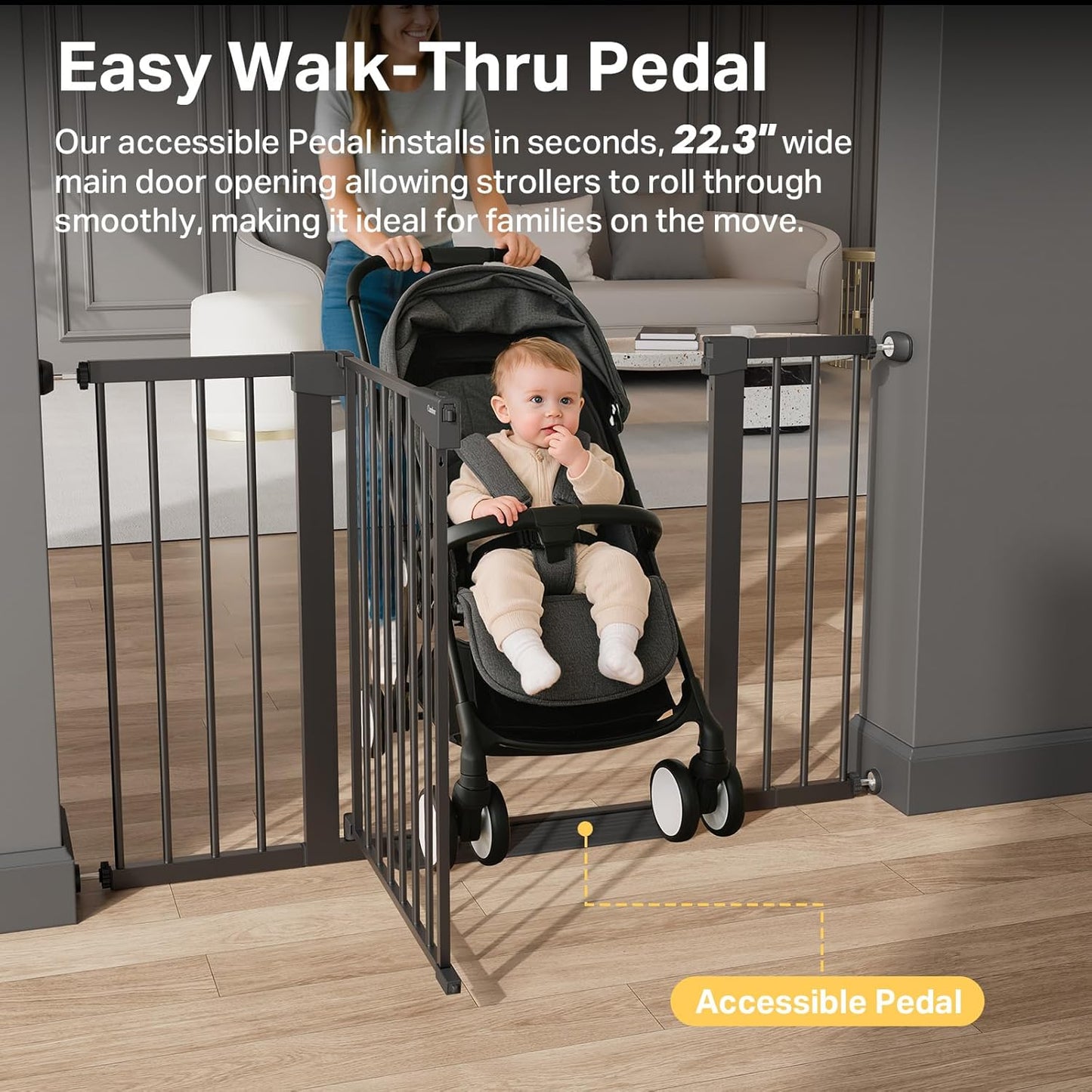 Cumbor 36.6-64" Extra Wide Baby Gate for Stairs, Dog Gates for Doorways, Auto-Close Pet Gate Indoor, Pressure Mounted Walk Through Safety Child Gate for Kids Toddler, Tall Pet Puppy Fence Gate, Brown