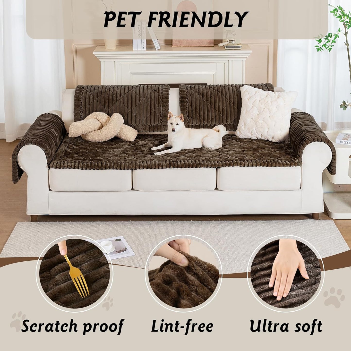 PuTian 100% Waterproof Fuzzy Couch Cover for Dogs Washable Non-Slip Furniture Cover Pet Friendly Dog Mat for Couches and Sofas White 27.6''x59'' 70cmx150cm