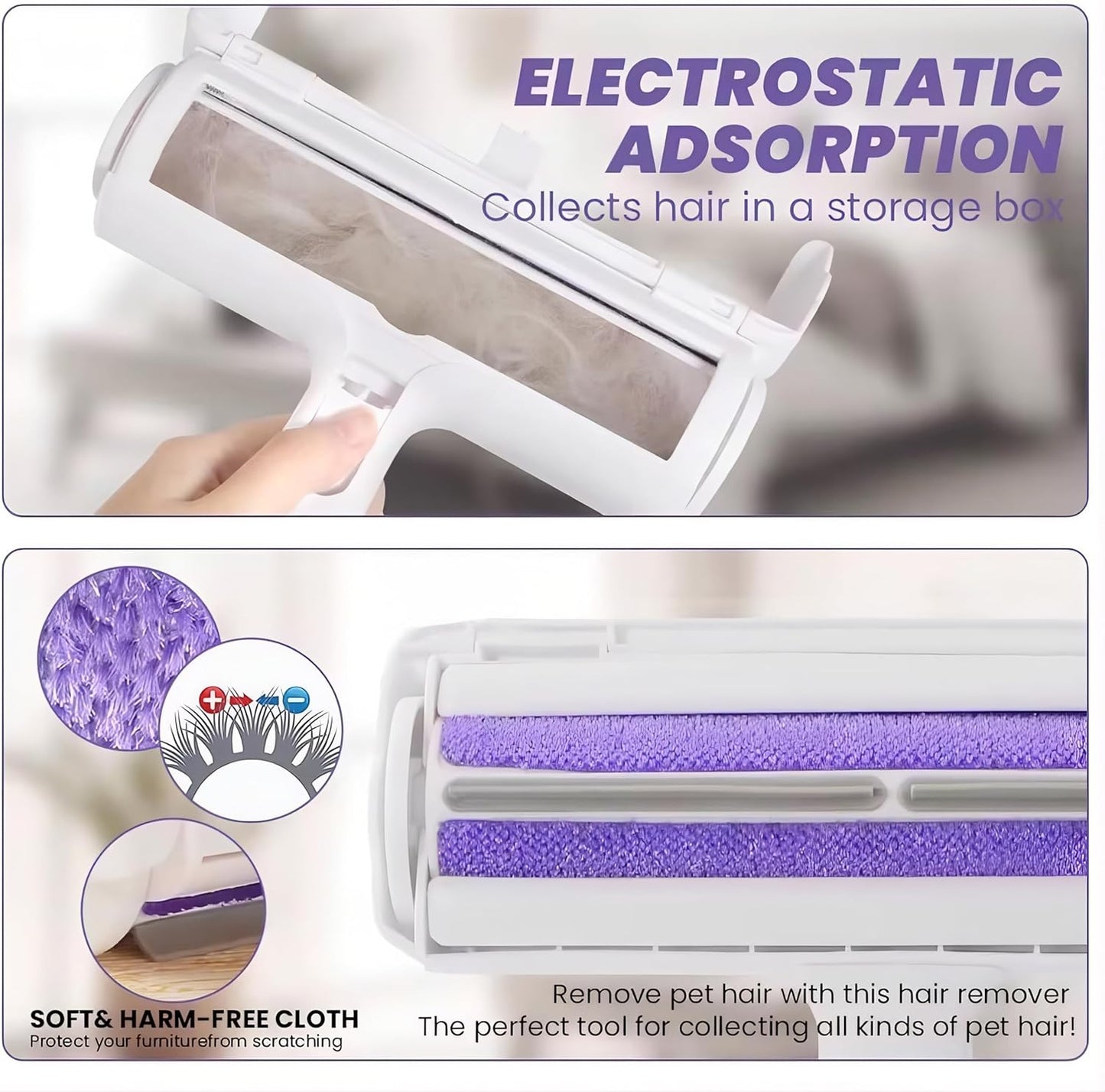 Reusable Pet Hair Remover Roller – Dog & Cat Fur Lint Cleaner for Sofa, Carpet, Bed & Car Seats – No Adhesive Required (White/Grey)