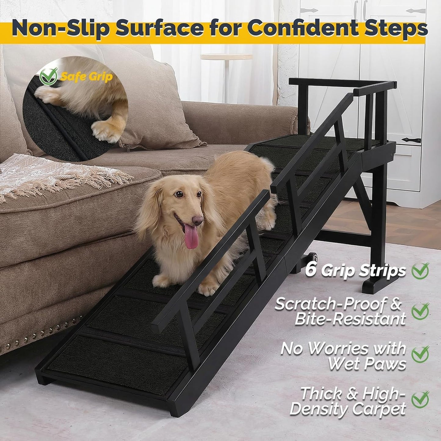 Dog Ramp for Bed or Couch, Wooden Pet Ramp with 20° Gentle Slope, Removable Side Rails, Non-Slip Surface, Top Platform & Wheels, Safe Bed Ramp for Small, Large & Senior Dogs, 60" Long, Mahogany