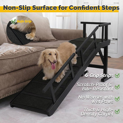 Dog Ramp for Bed or Couch, Wooden Pet Ramp with 20° Gentle Slope, Removable Side Rails, Non-Slip Surface, Top Platform & Wheels, Safe Bed Ramp for Small, Large & Senior Dogs, 60" Long, Mahogany